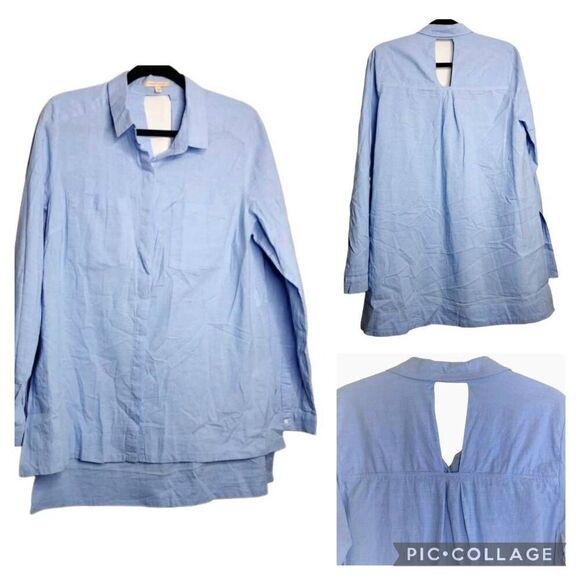 Gibson Latimer Blue Tunic High Low Button Up Pockets Cotton Women Size M Keyhole - Picture 1 of 8